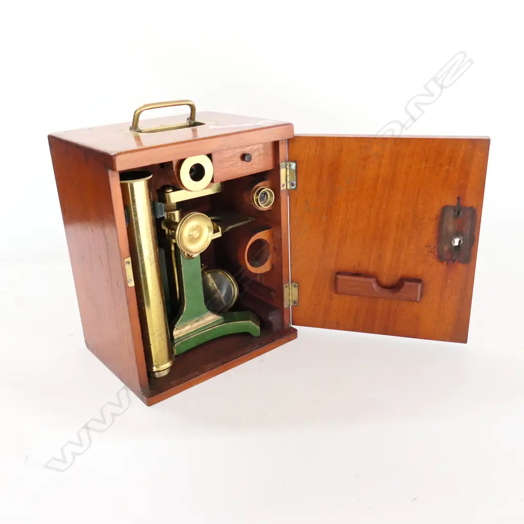 J.H STEWARD 406 & 66 STRAND, LONDON No755  MAHOG CASED BRASS COMPOUND MICROSCOPE, BULLSEYE  & 1 OBJECTIVE ABSENT Image 1++